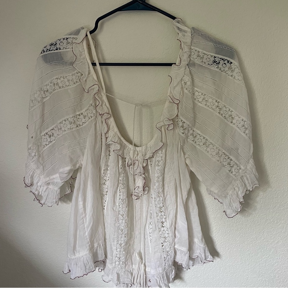 Free People Cream Lace Ruffle Blouse, Size M